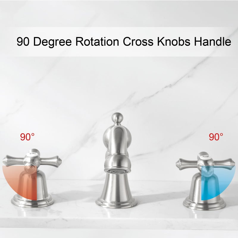 RKF Bathroom Faucets for Sink 3 Hole Brushed Nickel 8 inch Widespread Bathroom Sink Faucet with Drain 2 Handles Cross Knobs Faucet Bathroom Vanity Faucet Basin Mixer Tap CWF033-GBN - Image 5